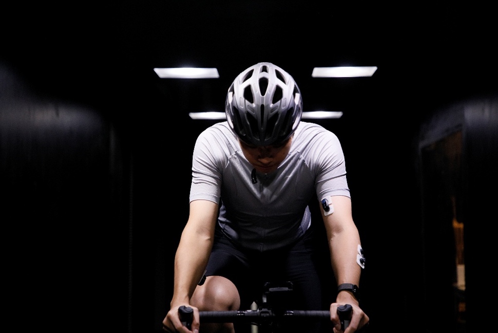 EMG devices on a cyclist during wind-tunnel testing.