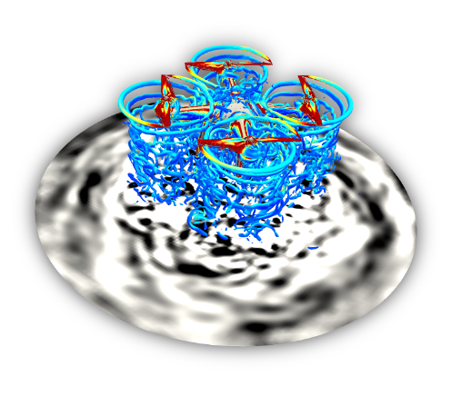 Numerical visualisation of multirotor wake structures in a low-Mach-number aeroacoustic simulation.
