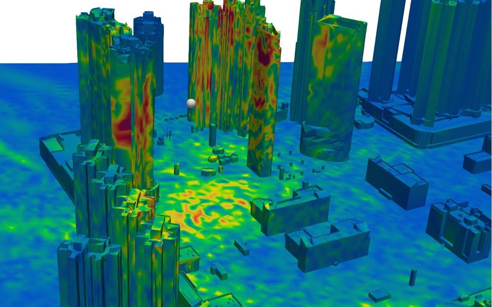 Simulated urban sound-pressure field around high-rise buildings under wind conditions